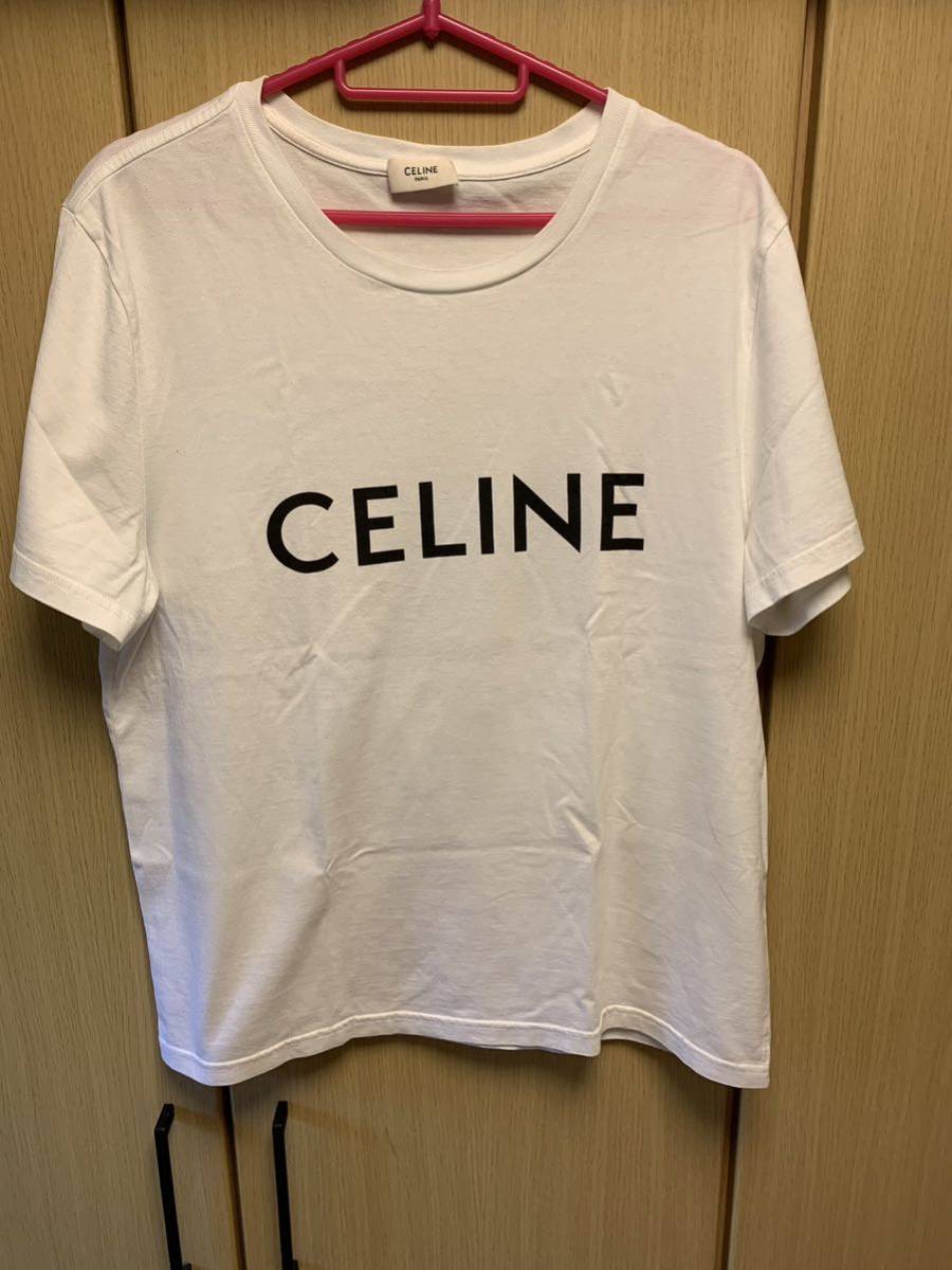 正規 20SS CELINE セリーヌ Hedi Slimane エディスリマン ロゴ プリント クルーネック Tシャツ 白 XL 2X308916G