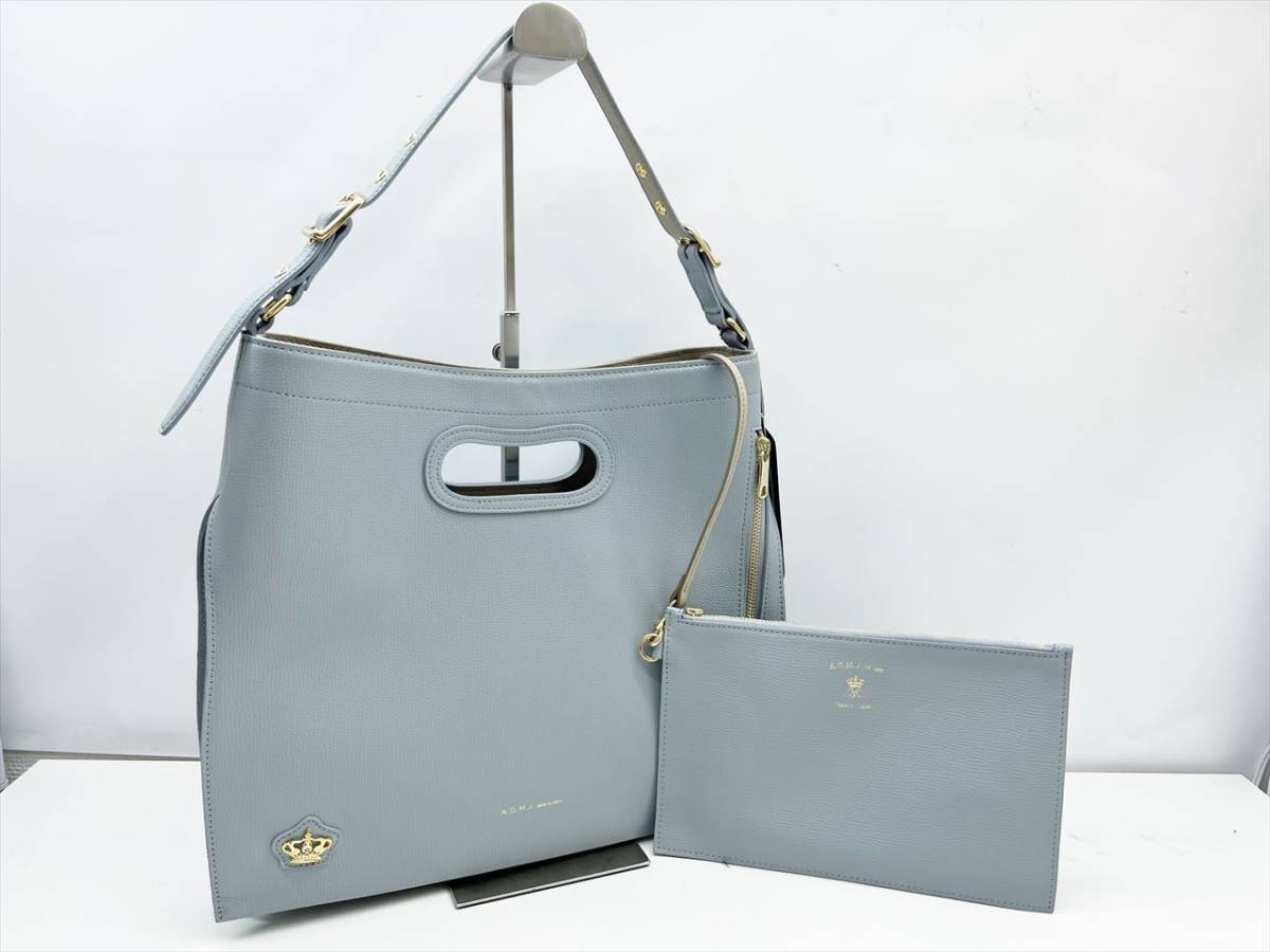 美品 A.D.M.J ADMJ ダノビオ 2WAY ハンドバッグ ワンショルダー ライトブルー 定価¥68,000