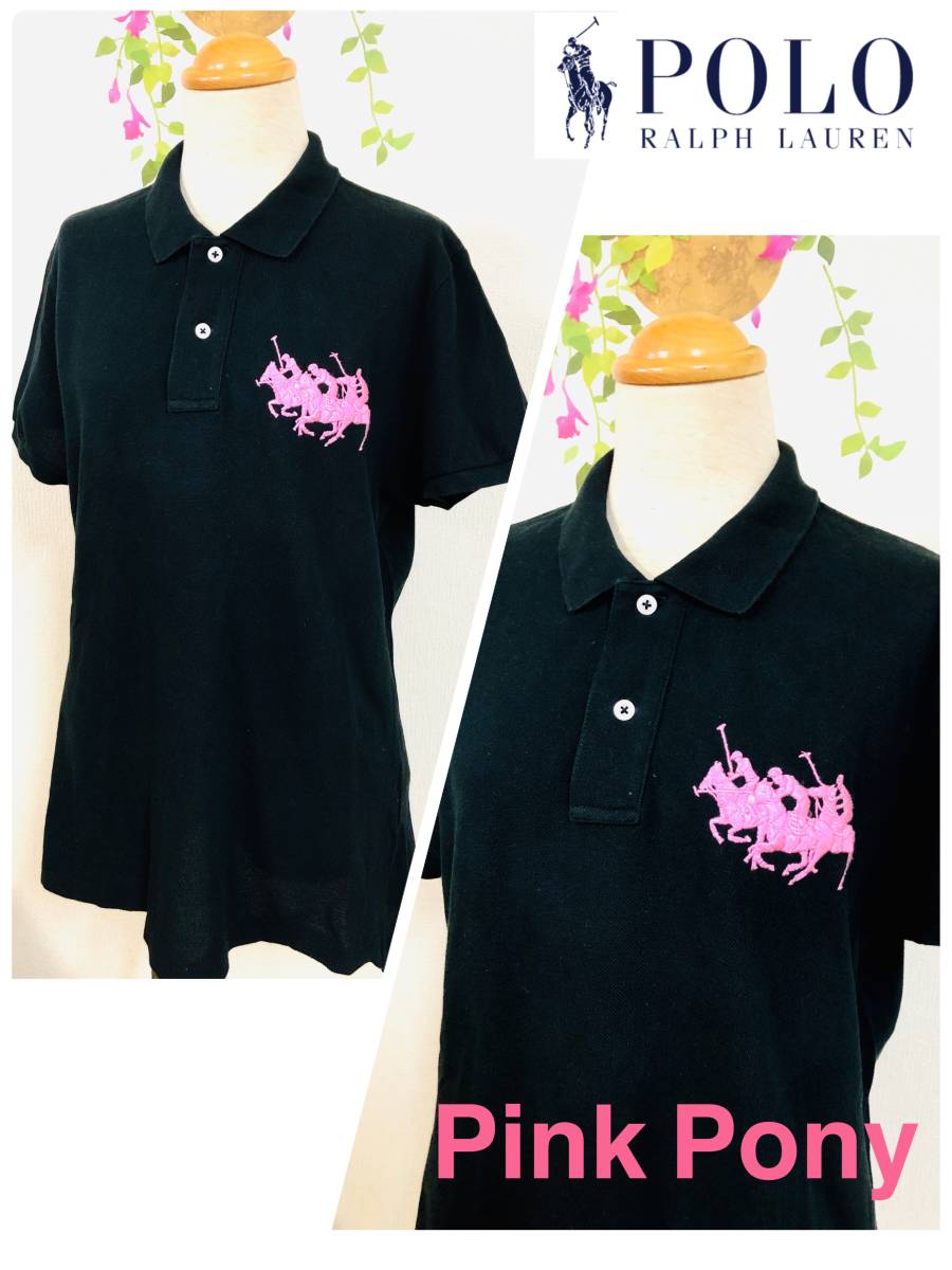 RALPH LAUREN PINK PONY THE SKINNY POLO ラルフローレン ピンクポロマーク＆ロゴデザイン　ポロシャツ　半そで　ブラック 　レディースL