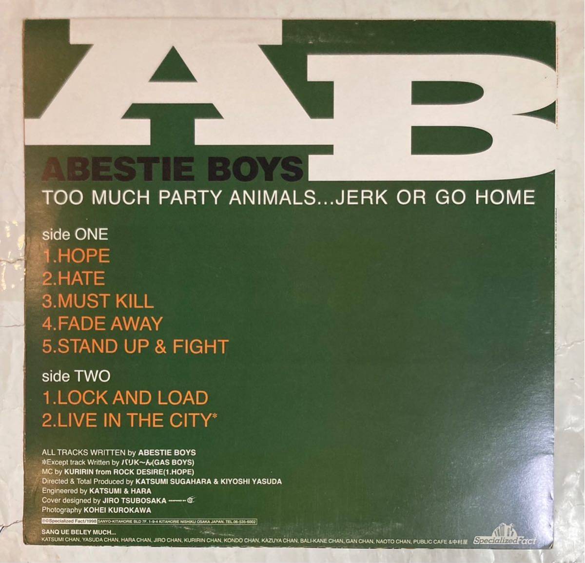 LP 98年 国内盤 Abestie Boys - Too Much Party Animals...Jerk Or Go Home SFAN-0001_画像2