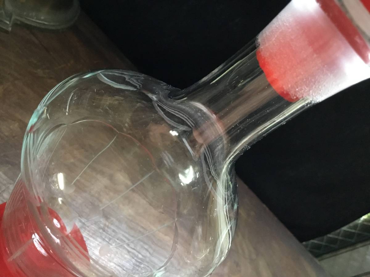 ビンテージ◆デキャンタ / 赤◆酒器 ボトル エナメル カットガラス 大正ロマン リキュール ワイングラス 切子 モールガラス 工芸ガラスの画像2