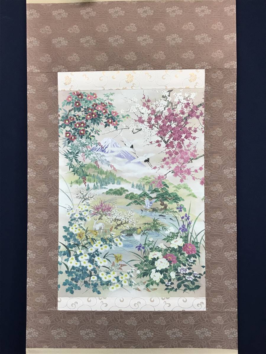 . made / author un- details / flowers and birds Fuji map / Mt Fuji map / landscape map / printing / handicraft // hanging scroll * Treasure Ship *AC-740