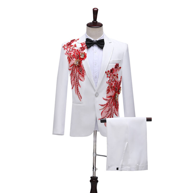  new goods fine quality 2 point set white ( white )+ red race 4 color development tuxedo single stage costume men's suit outer garment trousers S M L-3XL musical performance .