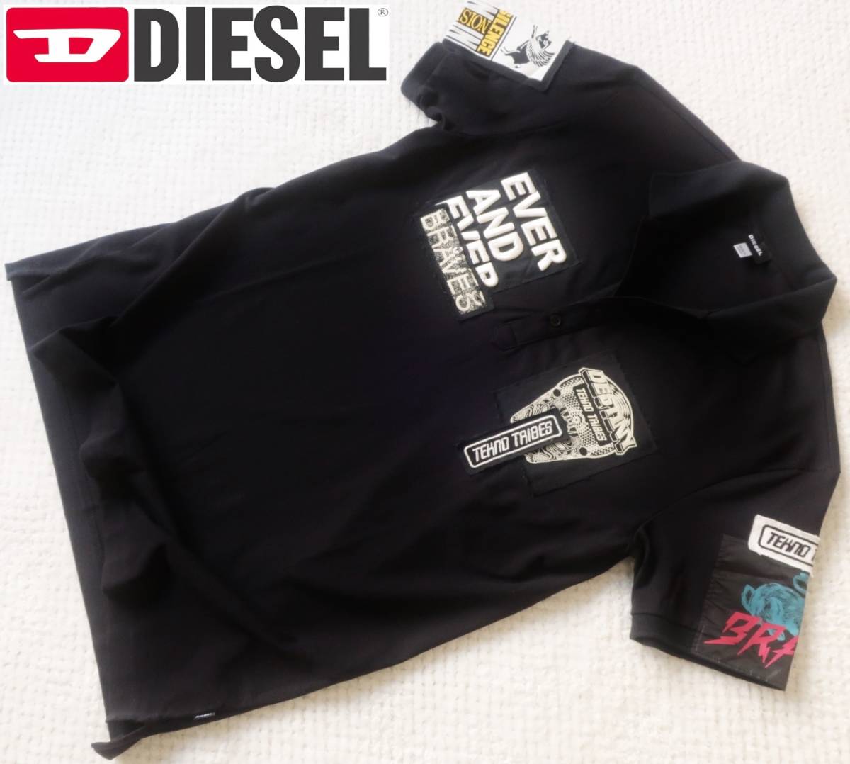 新品★ディーゼル DIESEL★セクシーな ブラック ポロシャツ★7 ポジティブ パッチ ワッペン★半袖 ニットシャツ 黒 XL☆941_画像1