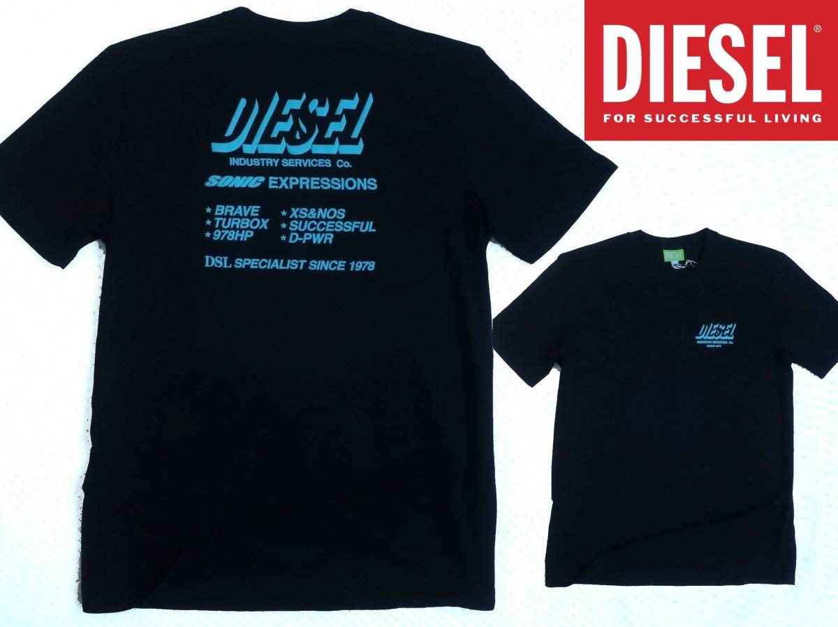 新品★ディーゼル DIESEL★ブラック グラフィック Tシャツ★ブルー フロント&バック エンボス ロゴ プリント 黒 L☆954_画像1