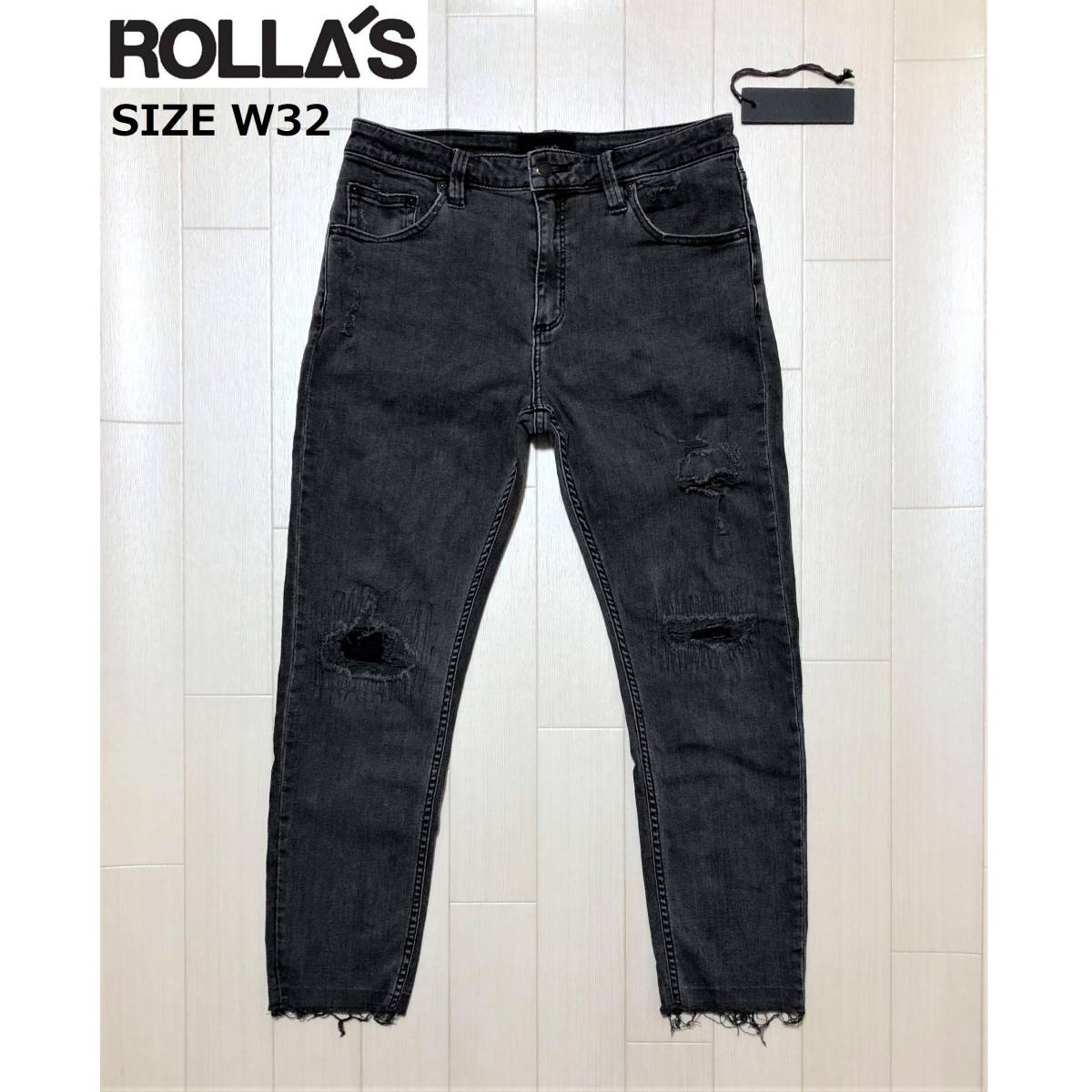 ROLLA'S STINGER JEANS DEVIL BLACK DESTROY ローラス スティンガー ジーンズ デビル ブラック デストロイ W32 スキニー デニム 15701B