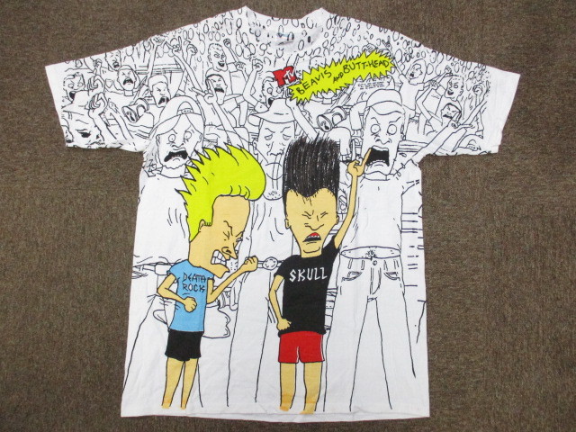 Beavis and Butt-Head　ビーバス＆バットヘッド　90sヴィンテージ　Tシャツ　メンズXL LL　白Tシャツ　総柄Tシャツ　半袖シャツ　07261_画像1