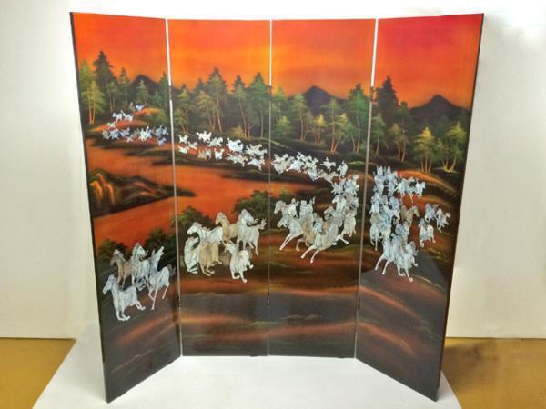 絵画 工芸品 漆 屏風 九十九頭馬螺鈿 中国製 四曲一隻 群馬 漆芸
