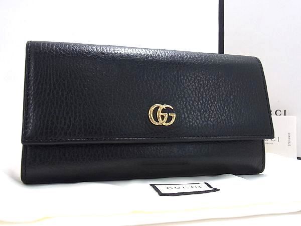 ■極美品■ GUCCI グッチ 456116 GGマーモント レザー 二つ折り 長財布 ウォレット 小銭入れ レディース ブラック系 AP0906