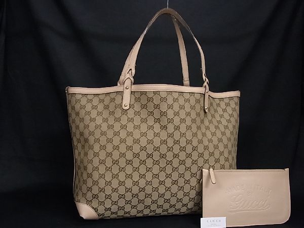 1円 GUCCI グッチ GG柄 GGキャンバス×レザー ポーチ付き トートバッグ