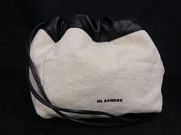■新品■未使用■ JIL SANDER ジルサンダー ドローストリング キャンバス×レザー 巾着型 ショルダーバッグ 肩掛け アイボリー系 AL8551