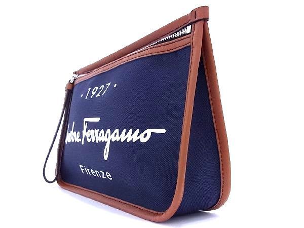 ■新品■未使用■ SalvatoreFerragamo フェラガモ GG-24 0971 サインロゴポーチ キャンバス クラッチ セカンドバッグ ネイビー系 AM6190_画像3