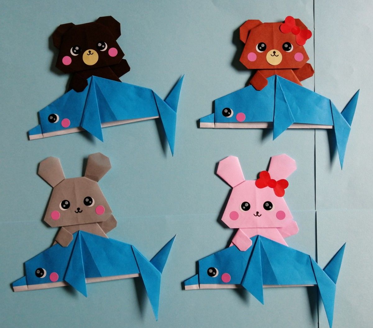 折り紙　壁面飾り　夏　イルカ・ウミガメ・うきわに乗った動物達