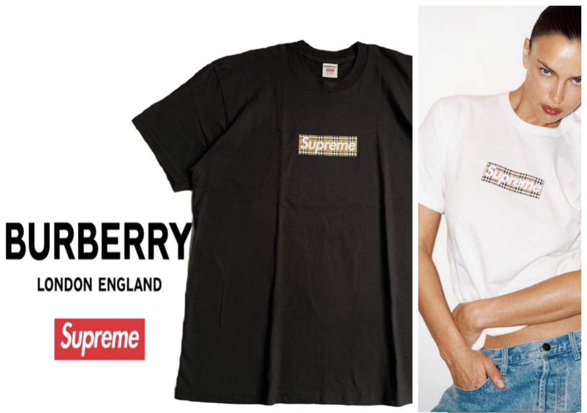 美品 22SS Supreme x Burberry Logo Tee シュプリーム バーバリー ボックスロゴ ノバチェック ブラック コットン Tシャツ L 半袖 正規品