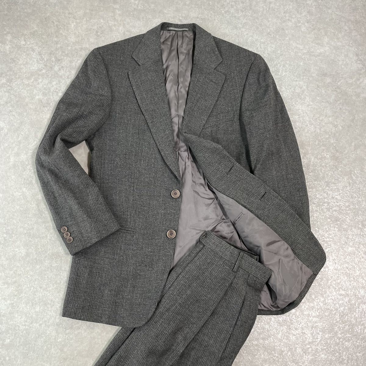 美品 Ermeneoido Zegna エルメネジルドゼニア ウール セットアップスーツ ジャケット ブレザー パンツ グレー ストライプ Mサイズ相当_画像1