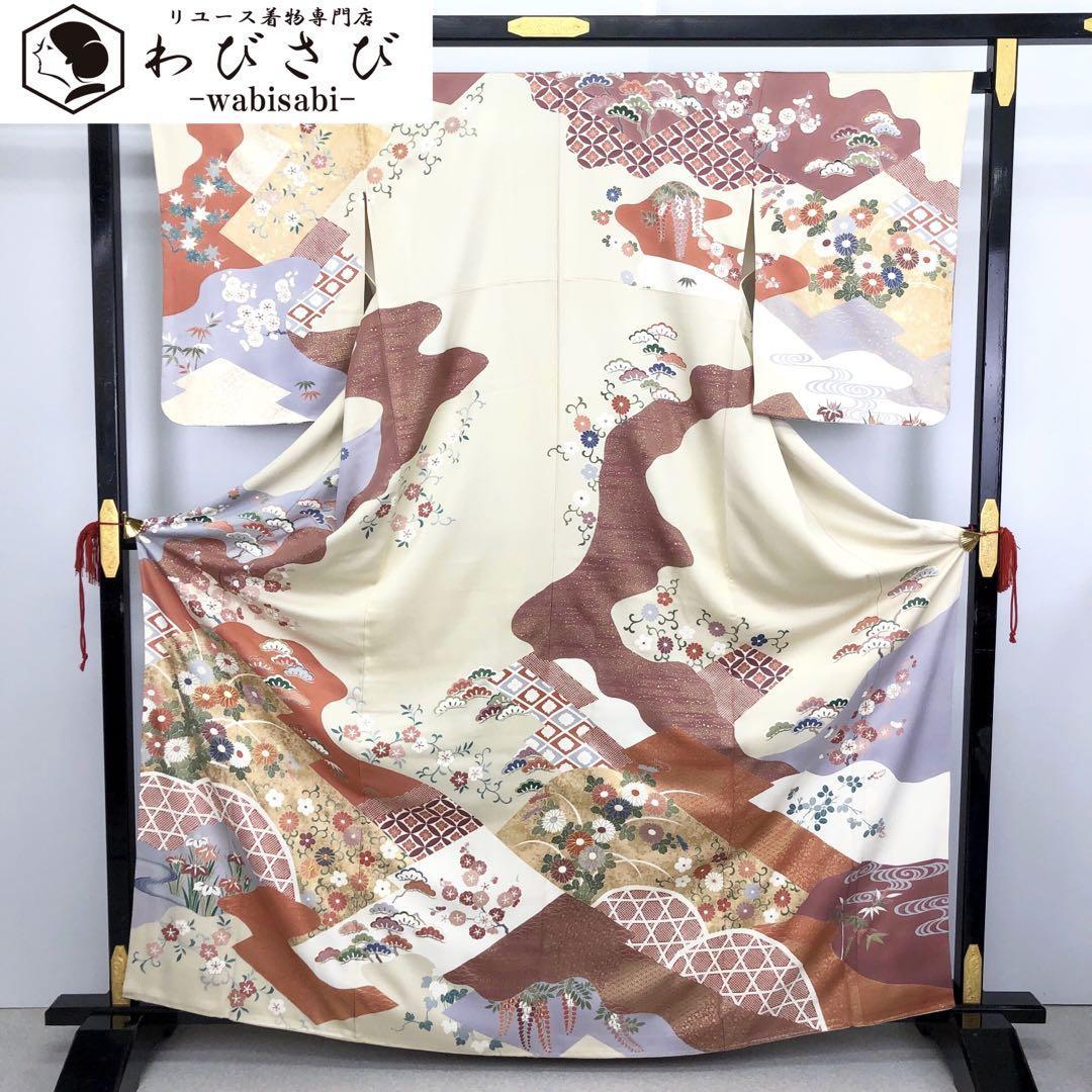 K-3109 訪問着金彩友禅金駒刺繍花唐草七宝繋ぎ鳥の子色しつけ糸