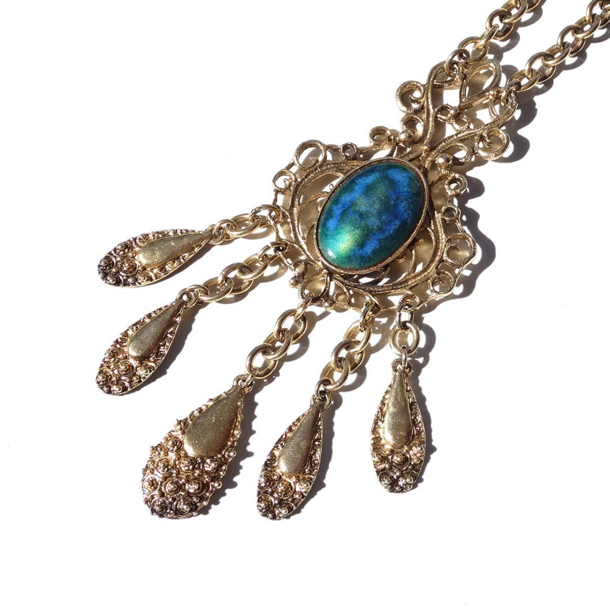 世界的に Vintage ☆70s gold necklace ware cloisonne green blue