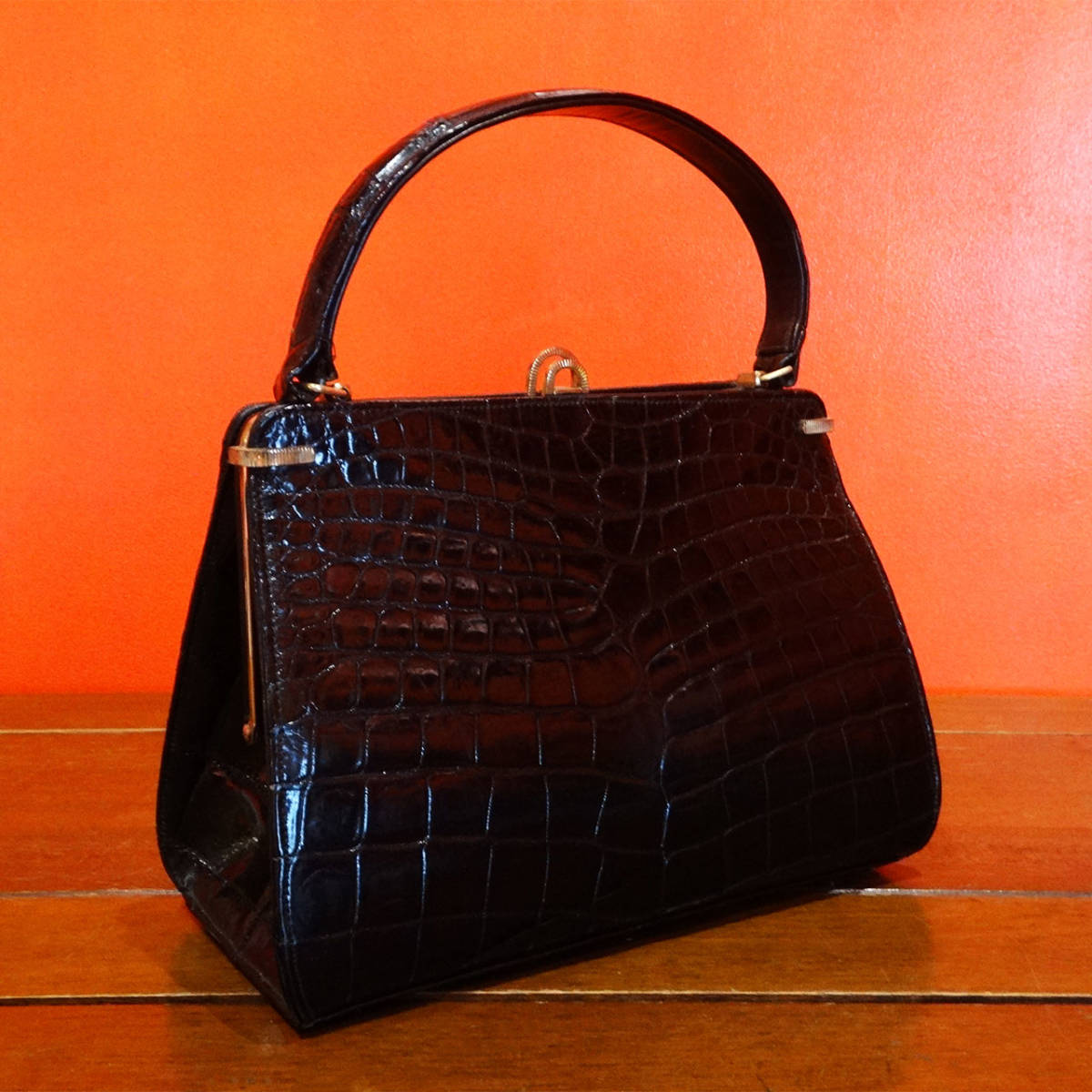 ★60s USA「Lesco」Vintage black crocodile handbag_画像5