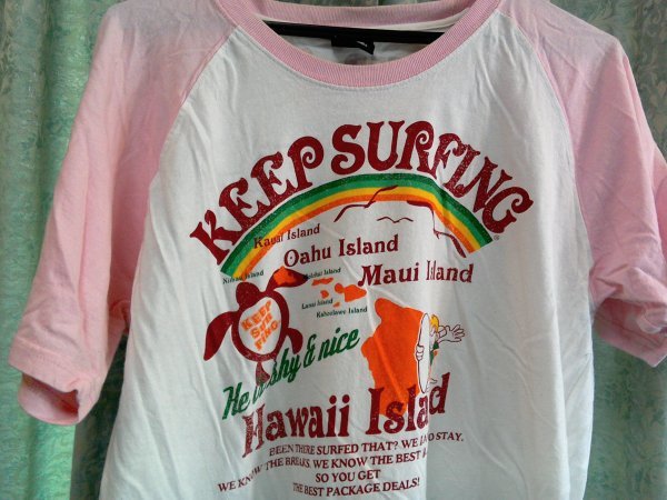 ｍｈ100　★keep surfing ★　beach clean ビーチクリーン　ラグランスリープ　綿　白×ピンク　レインボー　Hawaii　LLサイズ　_画像2