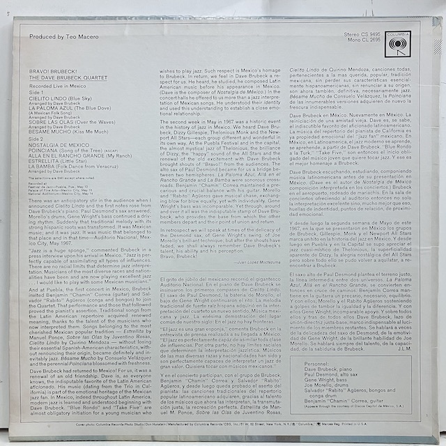 ●即決LP Dave Brubeck / Bravo cs9495 j37581 米オリジナル、白矢2eye Stereo デイヴ・ブルーベック_画像4