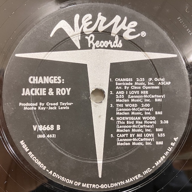 ●即決VOCAL LP Jackie & Roy / Changes v8668 jv4786 米オリジナル、Mgm/T Dg Mono Vangelder刻印 ジャッキー&ロイ_画像2
