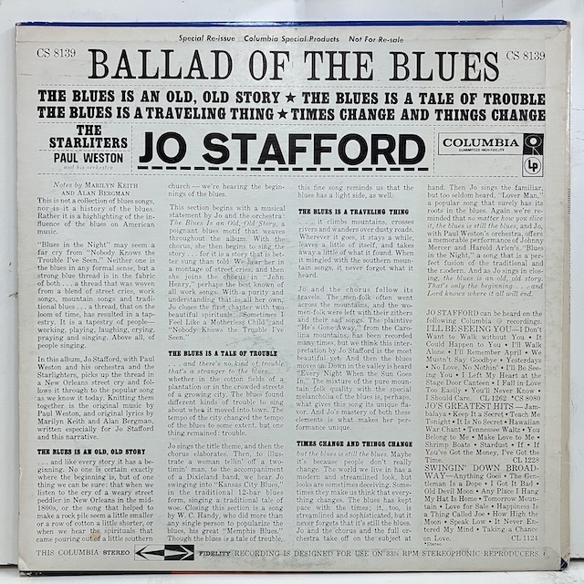 ●即決VOCAL LP Jo Stafford / Ballad of the Blues cs8139 米オリジナル、ミゾナシCbs表記Stereo ジョー・スタッフォード_画像4