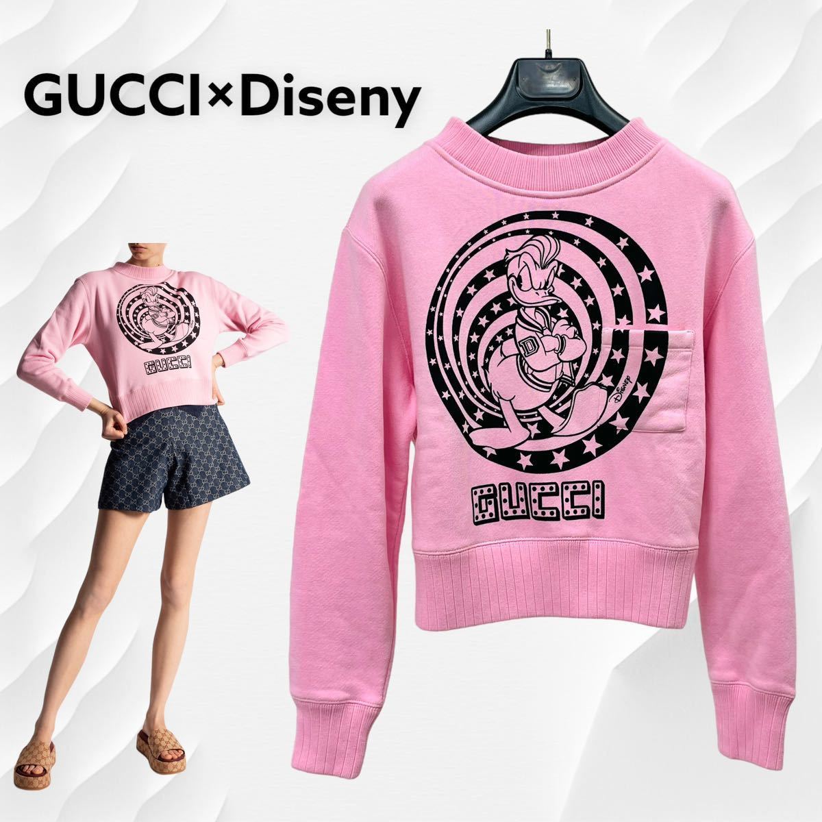 美品 高級 GUCCI×Diseny グッチ ディズニー コラボ ドナルド ロゴ プリント コットン スウェットシャツ レディース 652684_画像1