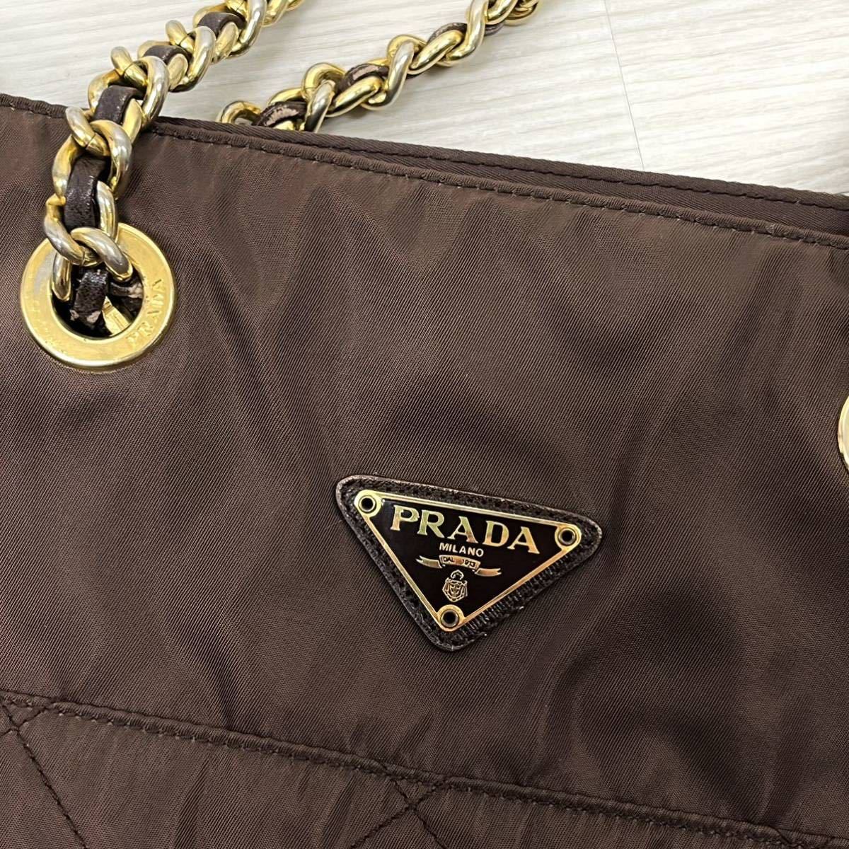 PRADA プラダ 三角ロゴメタルプレート キルティング ナイロン チェーン トートバッグ