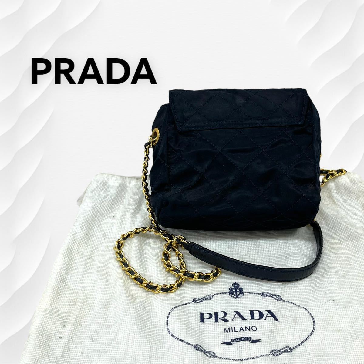 美品】ＰＲＡＤＡ チェーン 三角ロゴプレート キルティング ショルダー