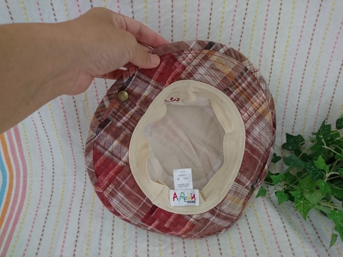 ☆お子さまサイズ☆AURELIA KOBE☆ベージュ×チェック柄のバケットハット☆サイズ50cm ☆日本真田帽子(株）☆サファリハット☆_画像3