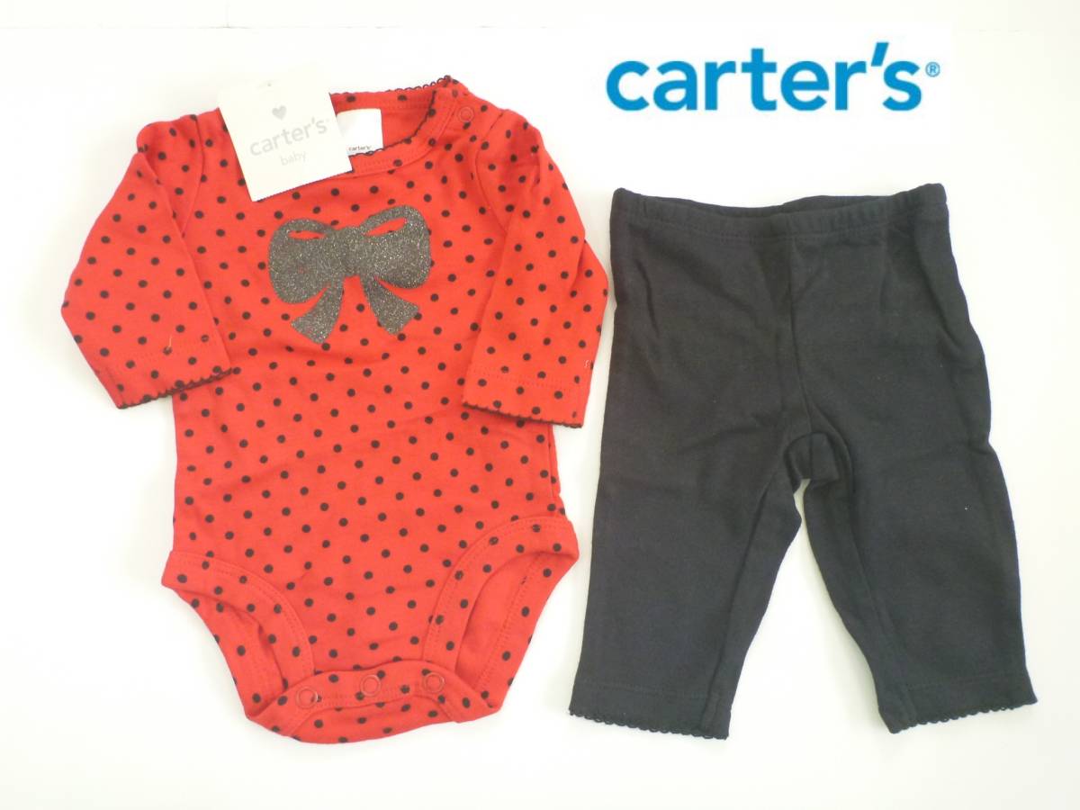 新品 carter's カーターズ ★お出かけ2点セット 赤 水玉長袖Tシャツ+黒フリルパンツ　上下セットアップ　nb　新生児用　2.2-3.6㎏_画像1