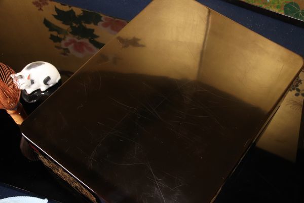 BA70 小西 啓介 唐獅子の図 輪島塗 文箱 沈金 書道具 共箱 共布(硯箱