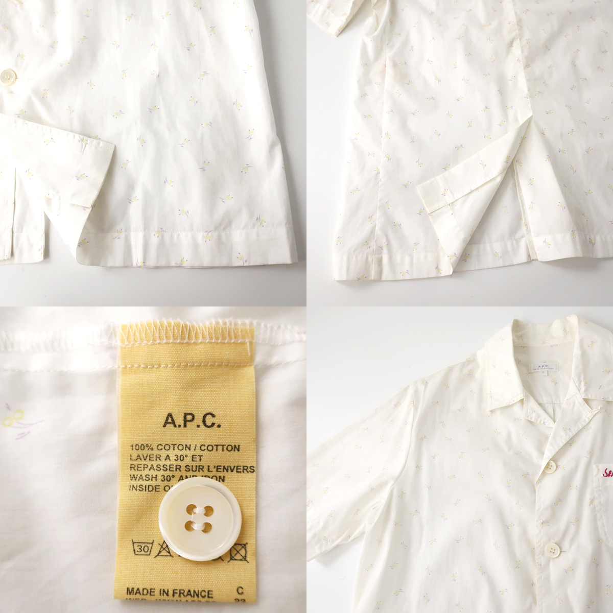 フランス製 A.P.C アーペーセー オープンカラーシャツ イエローチェリードット ホワイト 2(M) イーストバイウエスト_画像7