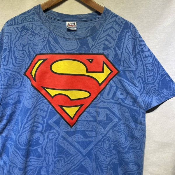 90s SUPER MAN 総柄 Tシャツ USA製 anvil ビンテージ DC COMICS アメコミ ムービー 映画 スーバーマン