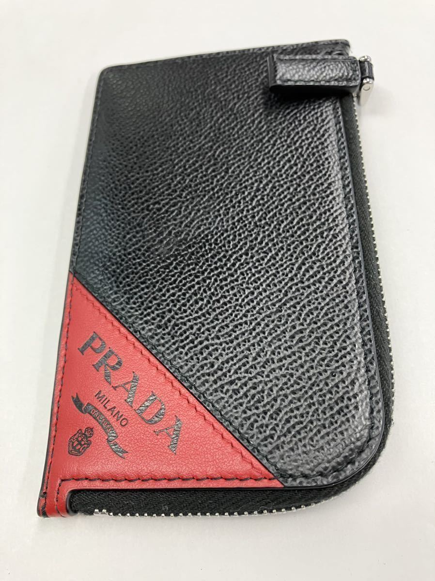 未使用 PRADA プラダ スリムウォレット カードケース コインケース Ｌ字ファスナー ミラノロゴ レザー 革 ブラック レッド 2MCO21 147415_画像5