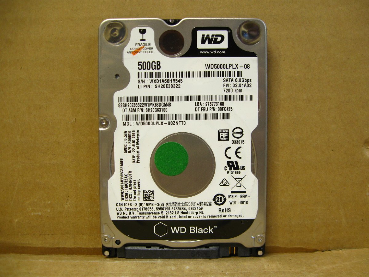 ▽Western Digital WD5000LPLX-08ZNTT0 500GB SATA 7200rpm 32MB 7mm 2.5型 中古 WD Black_画像1