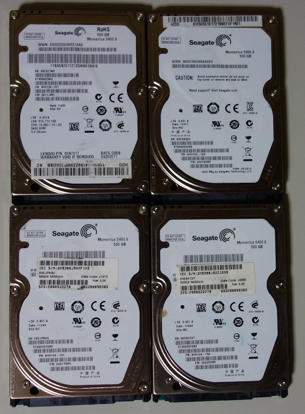 3859 2.5インチ内蔵SATAハードディスク 500GB Seagate ST9500325AS 4個まとめて 9.5mm 5400rpm 正常 2991/4638/6053/21817時間 Mac/Winの画像1