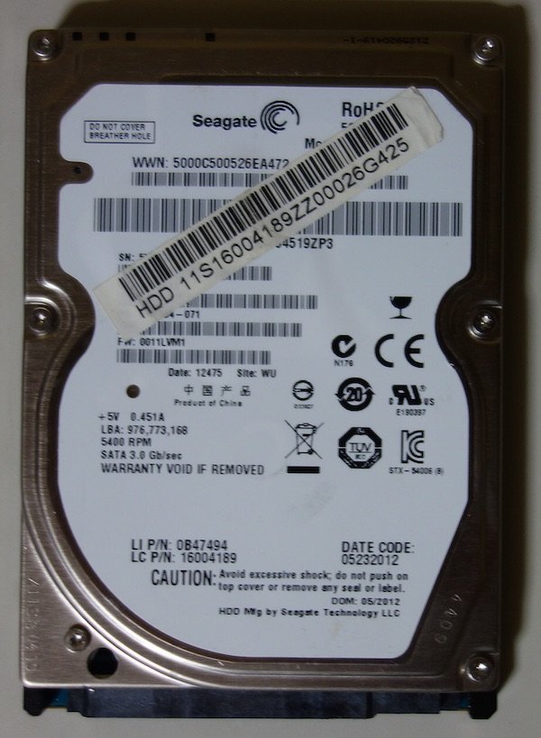 3916 2.5インチ 内蔵SATAハードディスク 500GB 9.5mm 5400rpm Seagate ST9500325AS Mac/Win 使用7290時間 正常_画像1