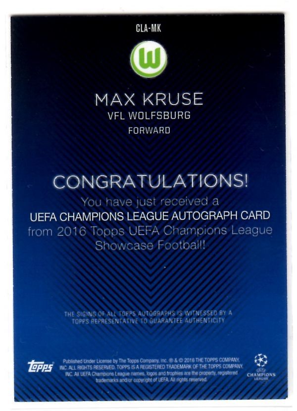 Max Kruse (マックス・クルーゼ) 2016 Topps UEFA Champions League Showcase Base Autograph 直筆サインカード 元ドイツ代表_画像2