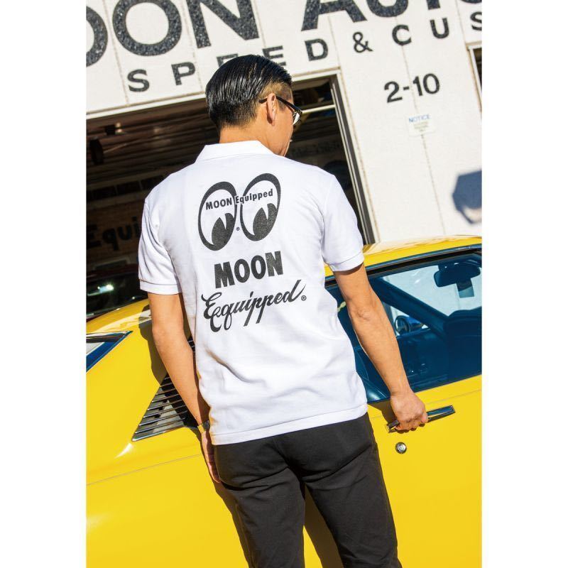 XLサイズ MOON Equipped ポロシャツ mooneyes ムーンアイズ ホワイト white 白 送料込み ムーン イクイップド ブラック 文字 筆記体_画像2