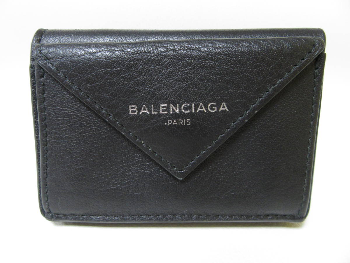 T8151☆【SALE】バレンシアガ BALENCIAGA ペーパー 3つ折り財布 / ミニウォレット【391446】ブラック MADE IN ITALY 中古品 送料無料_画像1