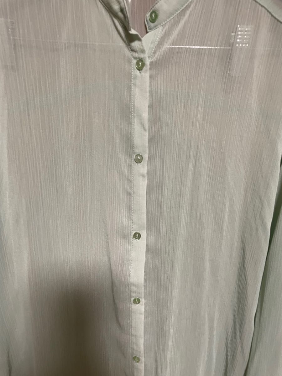 ライトグリーン シアーブラウス シースルーシャツ 緑 羽織り バンドカラー