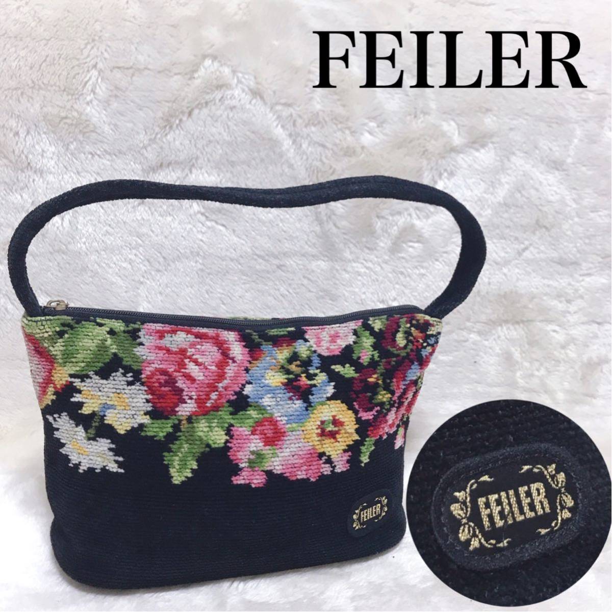 美品 FEILER フェイラー ミニハンドバッグ ショルダーバッグ 花柄 黒