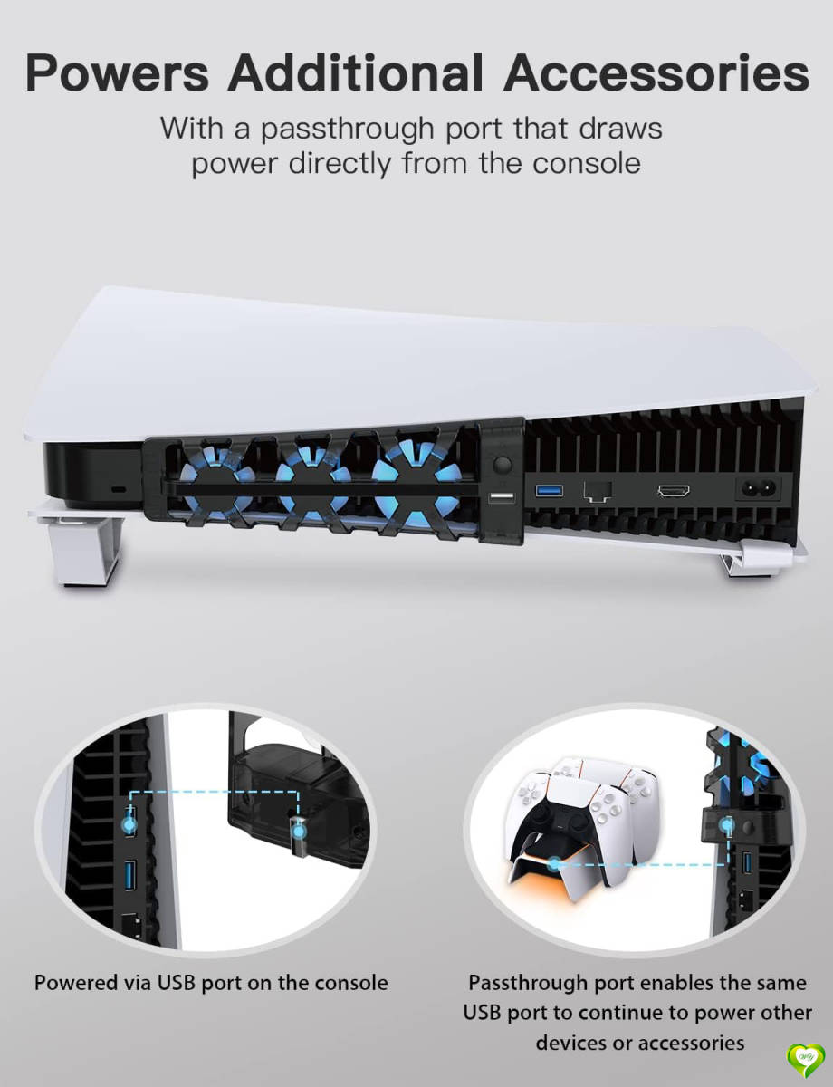 PS5 水平スタンド 冷却ファン Playstation5 ディスク ＆ デジタルエディション 対応 LEDライト内蔵 USBポート増設 ハイパワー 排熱 白