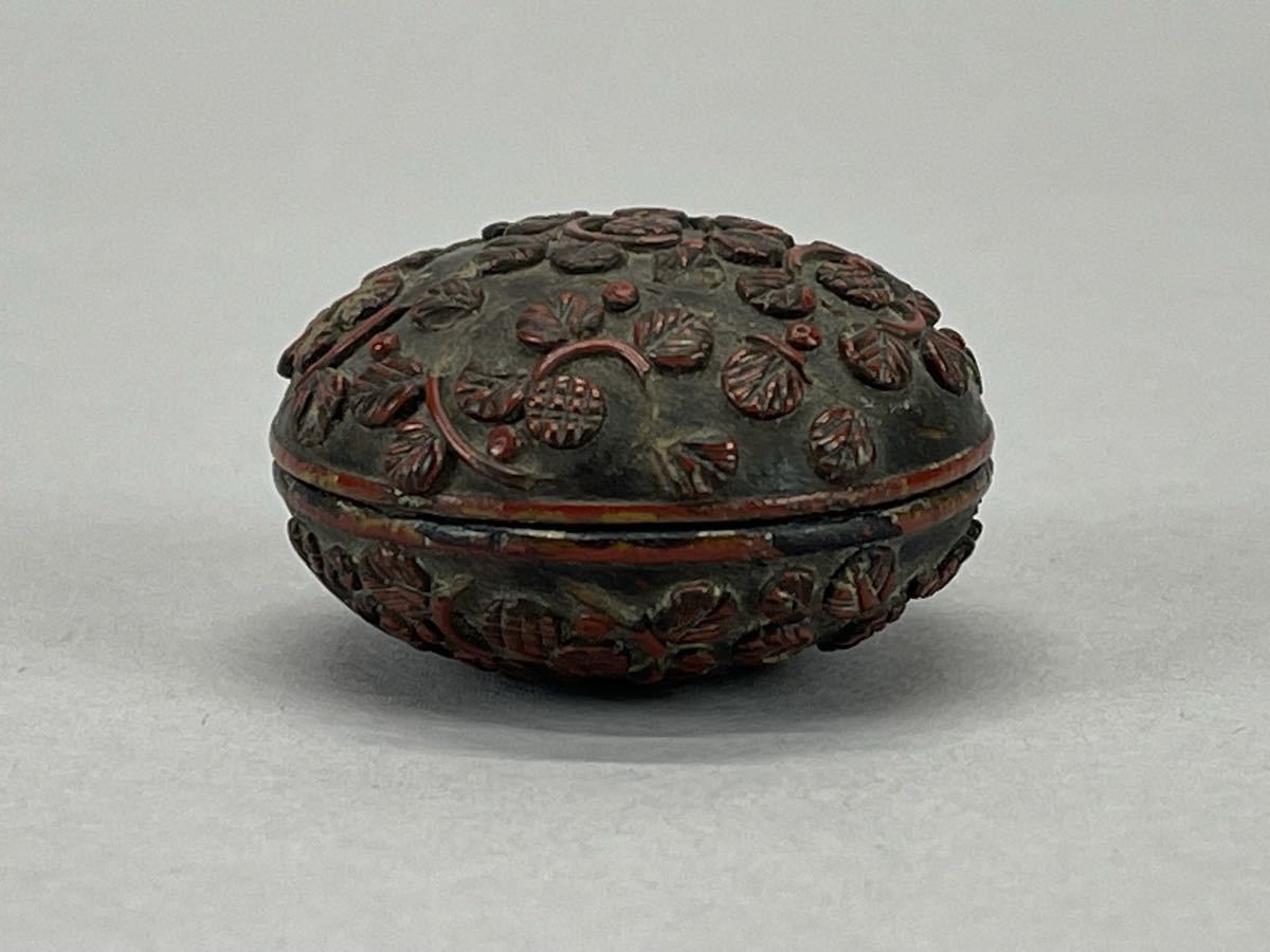 庄梅-G467-60 中国美術漆器堆朱彫漆香合香道具時代物旧家蔵出し古美術