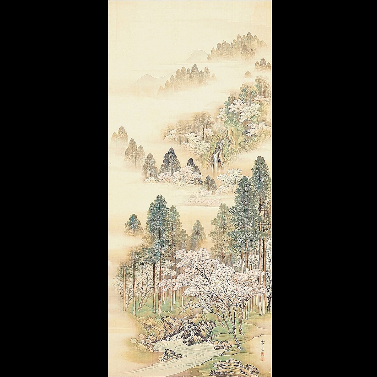 【真作】【渡鹿庵】[杉谷雪樵] 11743 最上品 出展作 双幅 掛軸 日本画 「吉野龍田図」 落合東郭箱 絹本 花鳥図 熊本 肥後 雲谷派 在銘_画像3