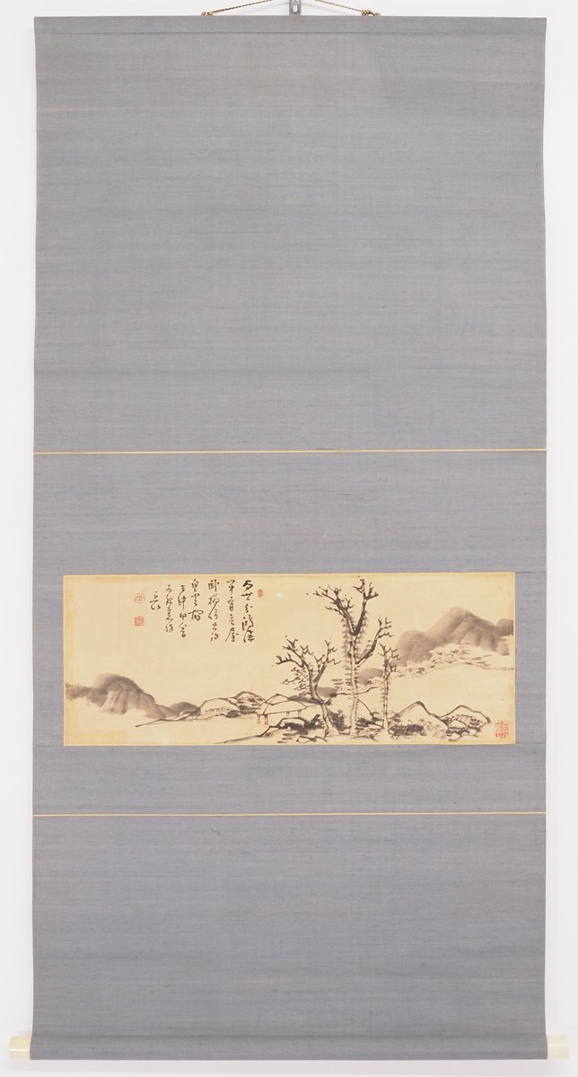 【真筆】【渡鹿庵】[平野五岳] 14322 掛軸 日本画 水墨山水画 合箱 絹本 風景画 大分 豊後 在銘_画像2