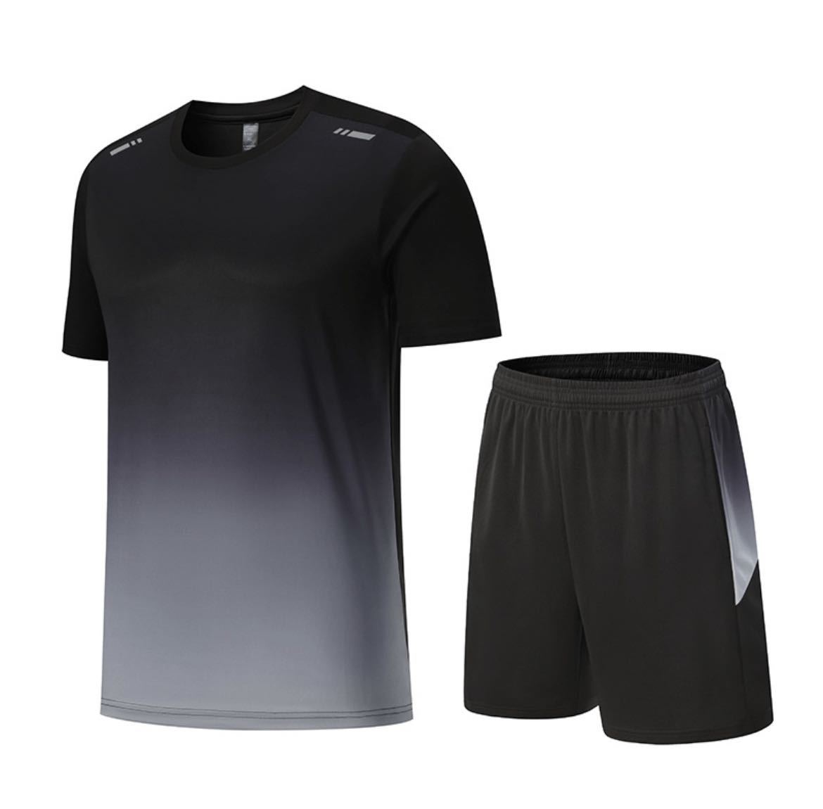 スポーツウェア メンズ 上下セット 半袖tシャツ ショートパンツ ランニングウェア トレーニングウェア カジュアル 薄手吸汗速乾 通気2XL黒