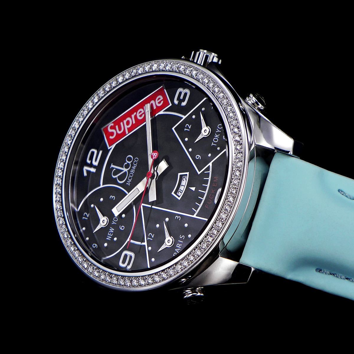 Jacob&Co ジェイコブ Supreme シュプリーム 4タイムゾーン ブラック文字盤 47mm ダイヤモンド ステンレス ブルーベルト 腕時計 メンズ