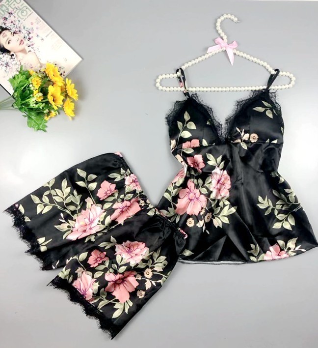  camisole & flare pants set floral print satin × race ( black ) sexy Ran Jerry new goods 